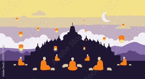 Monks Meditating in Front of Temple.