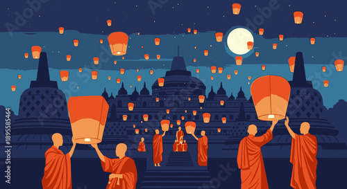 Monks Releasing Lanterns into the Night Sky.