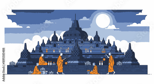 Monks Walking Around Buddhist Temple Complex.