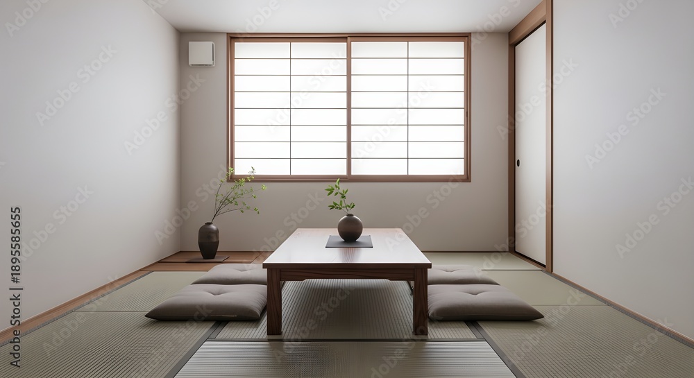 Fototapeta premium Minimalist Japanese-style interior with tatami textures, representing zen living, balance, and calm modern design. 