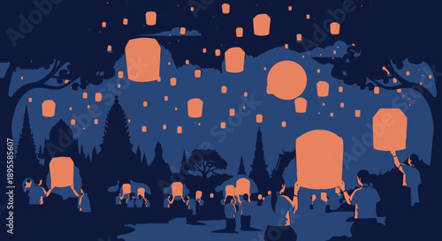 People Releasing Paper Lanterns into Night Sky.