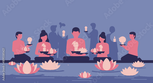 People Sitting on Water with Lanterns.