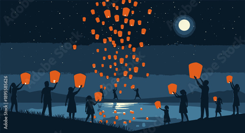 People Releasing Lanterns into the Night Sky.