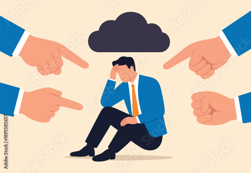 Toxic work, abuse or bullying colleagues, bad culture make exhausted depressed employee, fear of failure and responsibility, giant boss hands pointing and blaming at depressed businessman employee