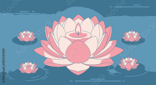 Pink Lotus Flower Illustration with Blooming Buds.