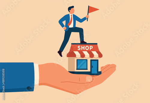  Small business idea, successful entrepreneur with small retail shop or storefront, shop owner or merchandise opportunity concept, success businessman holding winner flag on small store in giant hand.