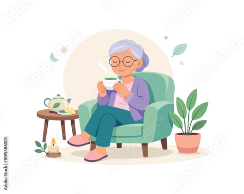 Elderly woman drinking tea in cozy chair, relaxation scene, flat vector illustration