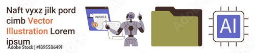 AI technology, automation systems, data management, digital identity verification, file organization, robotics. Robot interacting with digital files and AI chip. AI technology and automation systems