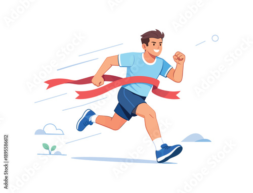 Man running through finish line with red ribbon, flat vector illustration