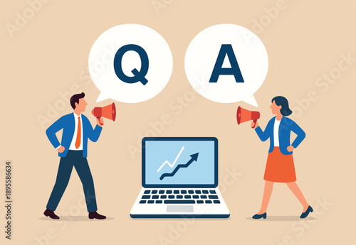 Q&A, question and answer session, FAQ or frequently asked questions, information to solve problem concept, businessman and woman shouting on megaphone as Q&A on speech bubble