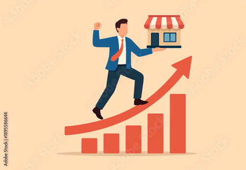 Success small business, entrepreneur growing retail store, marketing growth, business owner or sale and merchandise concept, businessman entrepreneur business owner on growing graph and chart.