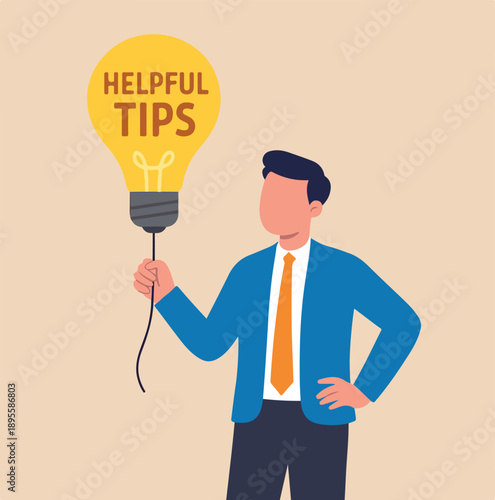 Helpful tips for business, useful ideas or smart trick to success, advice or suggestion information for improvement concept, smart businessman holding lightbulb ideas balloon telling helpful tips