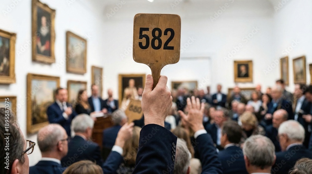 Fototapeta premium Hand Holding Auction Paddle Number 582 During Bidding War in Gallery with Art Paintings