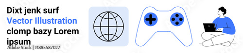 Online gaming, technology, internet, global communication, education, digital connectivity. ion of a globe, game controller and person with a laptop. Online gaming and technology