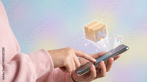 Innovative Shopping Experience with AI Product Box and Mobile Interaction in Soft Pastel Colors