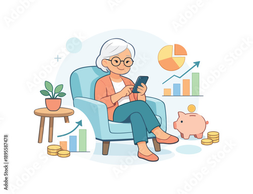 Senior woman managing finances on smartphone, flat vector illustration