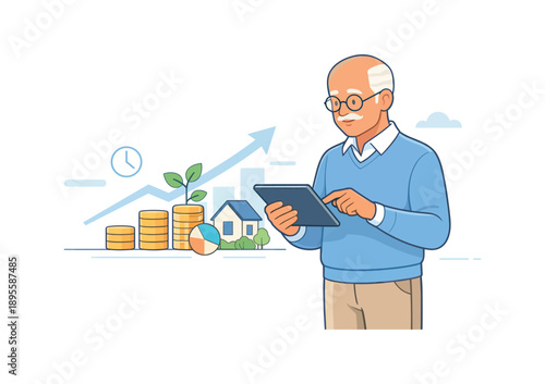 Elderly man with tablet analyzing investments, flat vector illustration