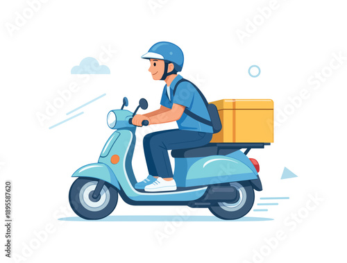 Delivery person riding a scooter with a box, flat vector illustration
