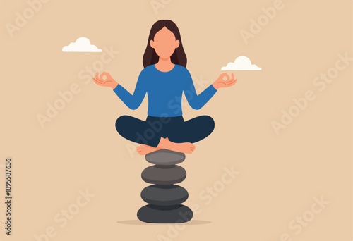 Harmony, balance or meditation, mindfulness relaxation for life wellness, zen or spiritual therapy, focus or concentration concept, calm young woman meditate in yoga pose and balance on rock stack.