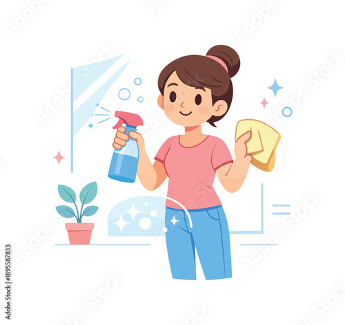 Woman cleaning with spray bottle and cloth in hand, flat vector illustration