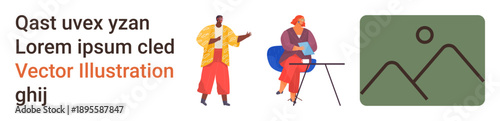 Teamwork, communication, collaboration, education, design, abstract concepts. Two characters interacting near a desk and chairs with a minimalist graphic. Teamwork and communication ideas illustrated