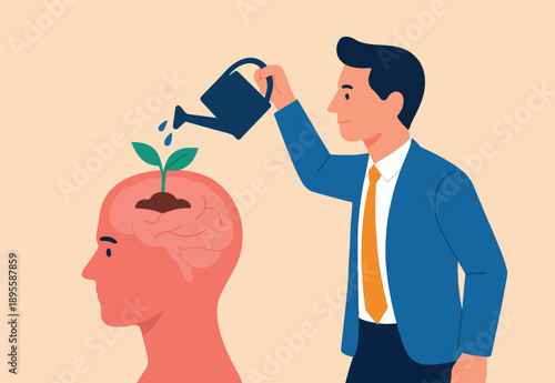 Growth mindset positive attitude to learn new thing, improvement to success, brain motivation or challenge to achieve goal, learning concept, businessman watering growth seedling on his brain.