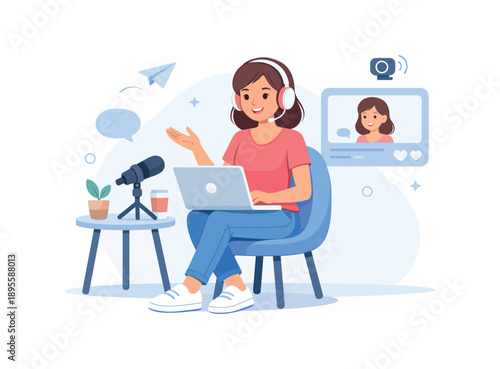 Woman podcasting with laptop and microphone, flat vector illustration