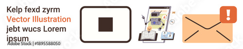 Digital security, robotic automation, email notification, data management, online communication, visual interfaces. A robot, documents and an email icon with alert notification. Cybersecurity