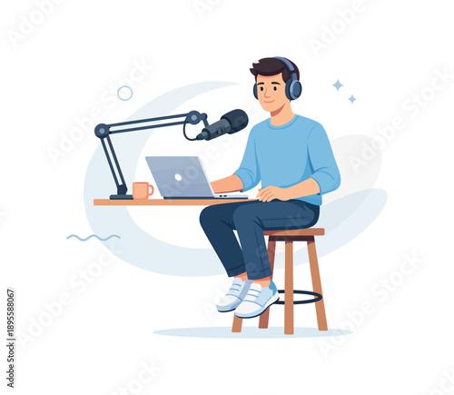 Podcaster with laptop and microphone, flat vector illustration