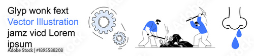 Industrial labor, teamwork, mechanical processes, human symptoms, health impact, science. Workers digging with pickaxes, gears and sneezing nose. Industrial labor and teamwork illustration