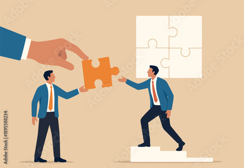 Offer solution to solve problem, consultant or manager advice to team member, finish or complete missing piece to fit the job concept, businessman offer missing jigsaw piece to complete the puzzle