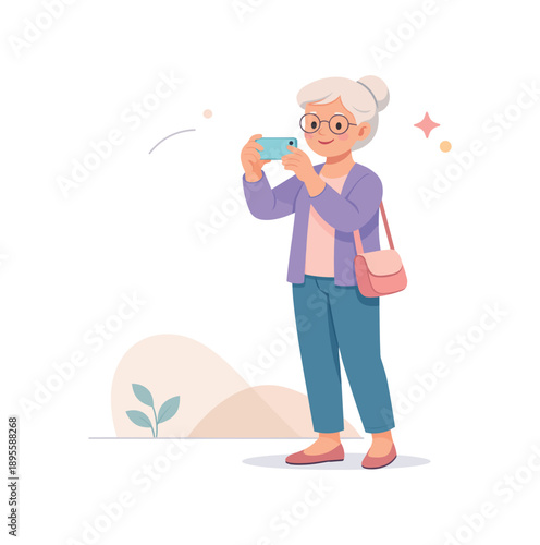 Elderly woman photographing with smartphone, flat vector illustration