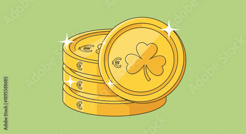 Golden Coins with Shamrock Symbol Stacked.