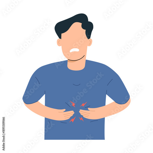 Man is clutching his stomach or under ribs. Epigastric pain. Vector illustration