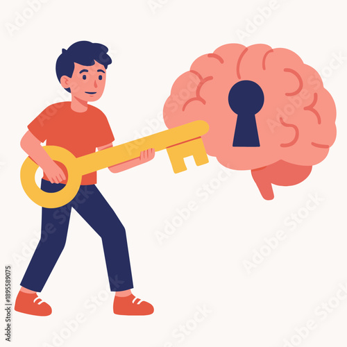 Teenager Unlocking Mind with Key Mental Health Flat Vector