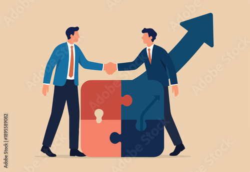  Joint venture business partnership agree to share resource and work together to achieve same goal, merge or acquisition, cooperation concept, businessman handshake connect growth arrow jigsaw puzzle.