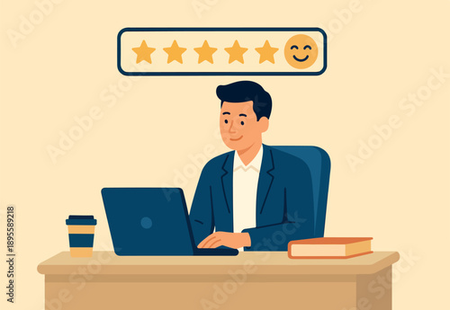 Job satisfaction, work environment wellbeing, office quality happiness, work life balance score rating, career growth or workload concept, businessman working at office desk with satisfaction rating.