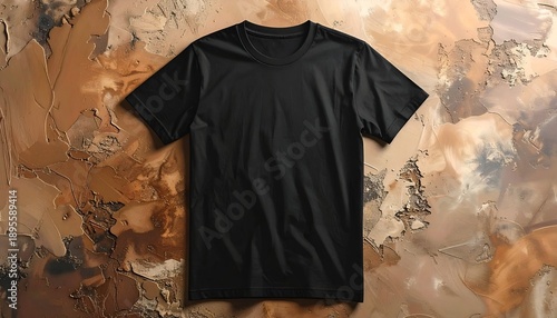 A black crew neck tee shot from above, displayed atop abstract earth-toned, textured surface