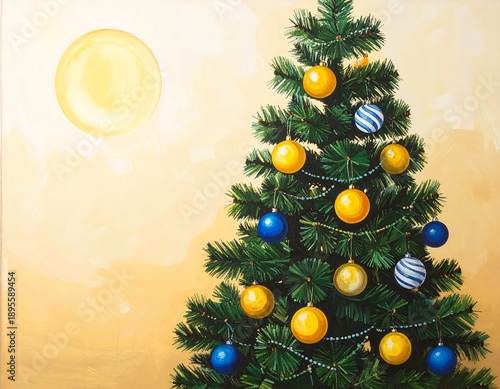 Painted Christmas tree adorned with blue and gold ornaments against a yellow background