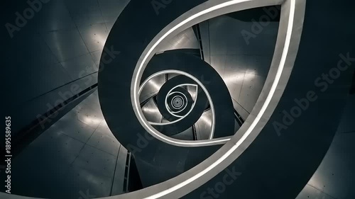 Abstract Spiral Staircase Architecture with Repeating Patterns and Light Reflections.
