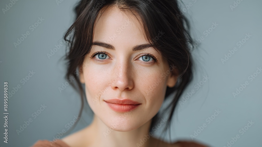 Fototapeta premium Beautiful woman with natural makeup and striking blue eyes, showcasing a serene expression against a soft gray background, perfect for lifestyle imagery