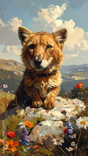 Painted fox sits on a rock in a flower-filled meadow under a bright blue sky