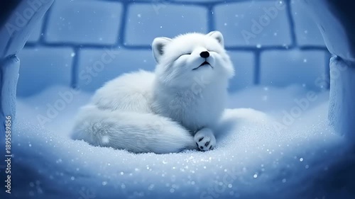 Adorable Arctic Fox Cub Sleeping Peacefully in Snowy Igloo.