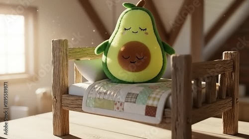 Adorable Avocado Plushie Resting Peacefully on a Miniature Wooden Bed in a Cozy Room.