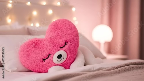 Adorable Pink Heart-Shaped Plush Toy with Bear Face Resting on a Cozy Bed.