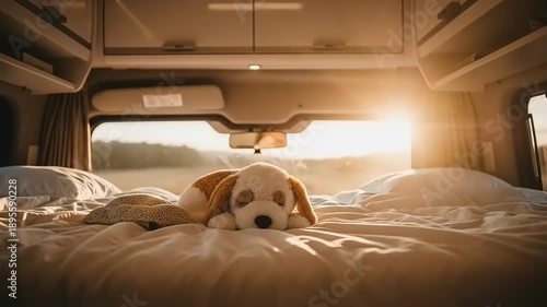Adorable Puppy Napping Peacefully on a Cozy Bed Inside a Camper Van at Sunset.