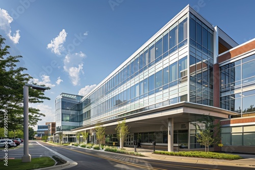 Modern hospital exterior with glass facade