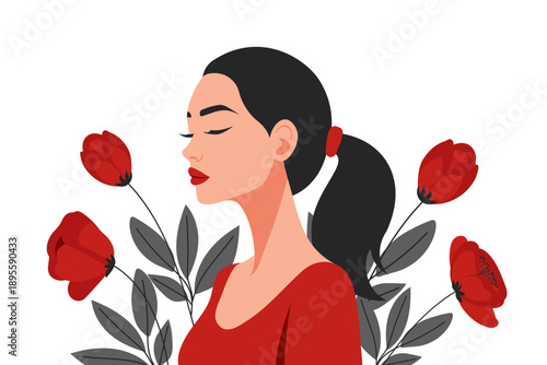 Beautiful woman with red poppy flowers.Womens day illustration.