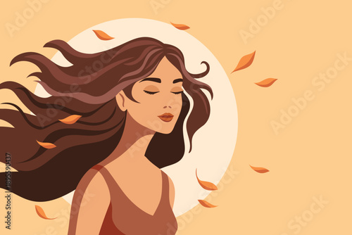 Beautiful woman with flying hair and falling autumn leaves. Mental health illustration.
