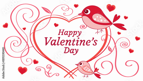 Happy Valentine’s Day Decorative Typography with Birds and Heart Illustration